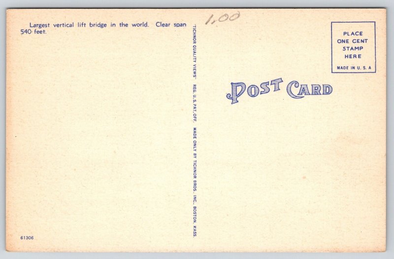 Linen~Massachusetts~Ship Under Railroad Bridge @ Cape Cod Canal~1940s Postcard