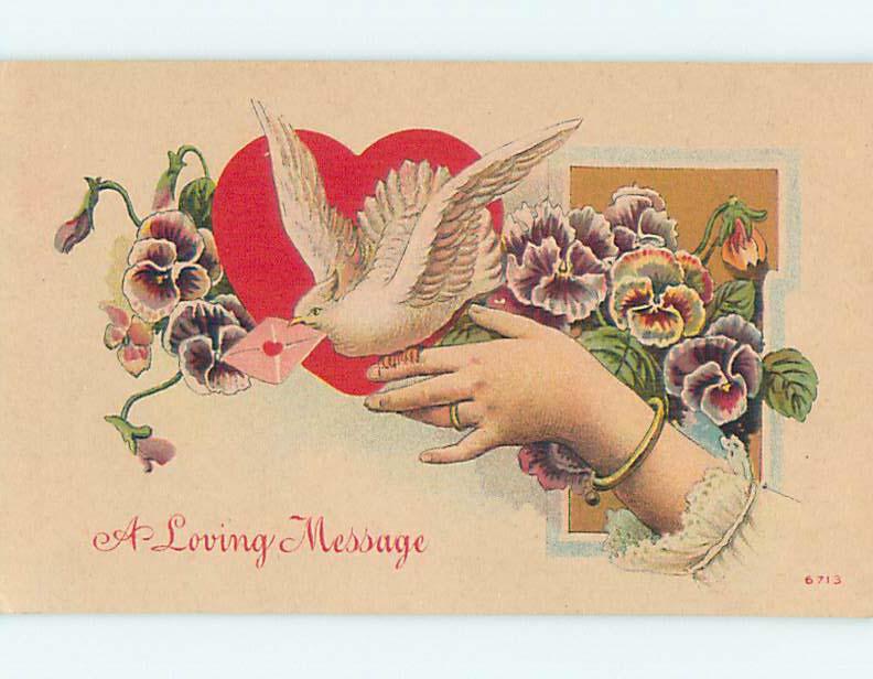 Pre-Linen valentine WHITE DOVE BIRD PERCHED ON WOMAN'S FINGER HJ2339