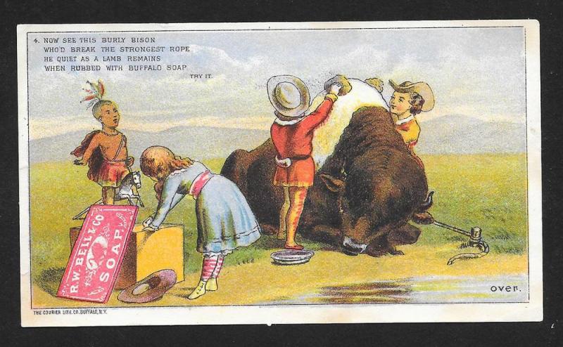 VICTORIAN TRADE CARD Bell's Soap Cowboys & Indians Buffalo