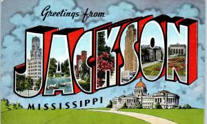 JACKSON, MS Mississippi   LARGE  LETTER  LINEN   c40s  Kropp   Postcard