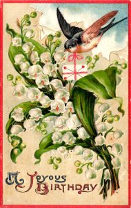 A Joyous Birthday - Lilies of the Valley - Bird Carrying Envelope - Embossed