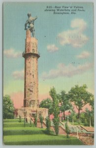 Birmingham AL~Rear View Of Vulcan Showing Waterfalls & Pool~1940s Linen Postcard