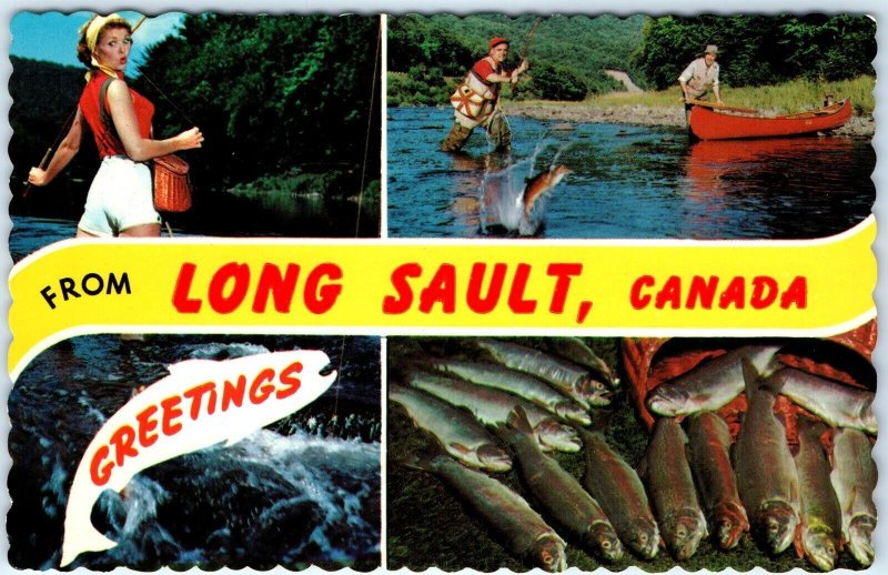 c1950s Long Sault, Can. Greetings Cute Booty Woman Fishing Chrome Photo PC A148