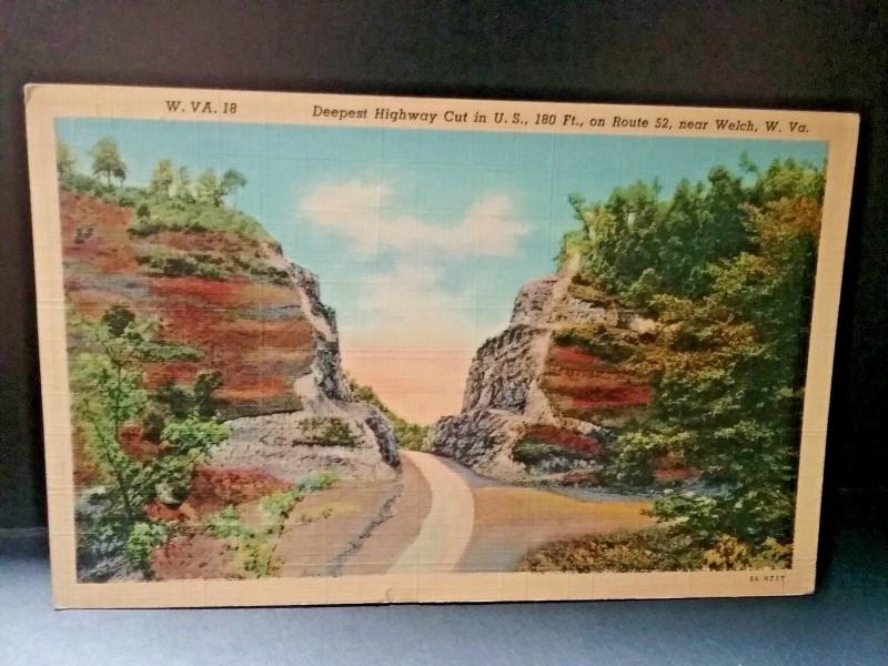 Postcard Deepest Highway Cut in US, on Rte,52 near Welch, West Virginia
