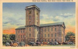 IL, Illinois  ROCK ISLAND ARSENAL Clock Tower Building~Cars  c1940's Postcard