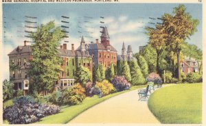 Maine General Hospital and Western Promenade - Portland, Maine Linen Postcard
