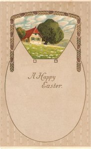 House, tree, in big egg  Old vintage American Easter Greetings postcard