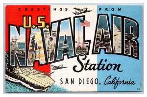 Large Letter Greetings US Naval Air Station San Diego CA UNP Linen Postcard V10
