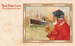 RED STAR LINE ANTWERP NEW YORK-MAN SMOKING PIPE~1900 POSTCARD