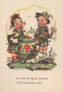 German Children Gathering Eggs Giant Chocolate Easter Postcard