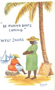 Foreign Postcard c1940s WEST INDIES De Fishing Boats Cartoon DWIT Signed 15