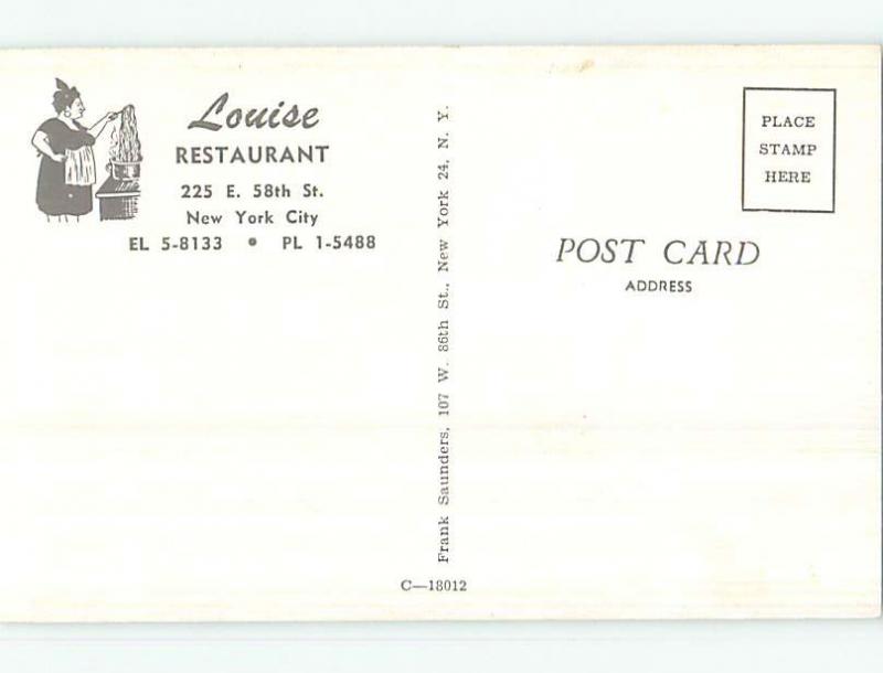 Unused 1950's LOUISE RESTAURANT ON EAST 58TH STREET Manhattan New York NY p6082