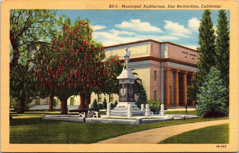 Municipal Auditorium San Bernardino California CA Linen Postcard UNP VTG Unused 