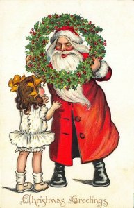 Raphael Tuck Christmas Greetings Red Suited Santa Claus Wreath Girl Postcard