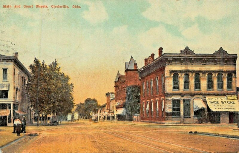 CIRCLEVILLE OHIO~MAIN & COURT STREETS~STOREFRONTS~CLEVELAND NEWS 1910 POSTCARD