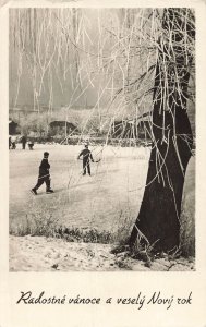 1959 Czech RPPC Ice Skating New Year Frosted Tree Orbis Postcard