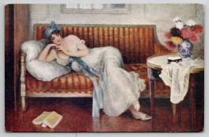 Gelhay Art Nouveau Beauty Lovely Lady In Blue Dress On Sofa Postcard S25