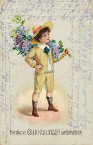 Victorian Boy With Flowers Vintage Postcard 08.17