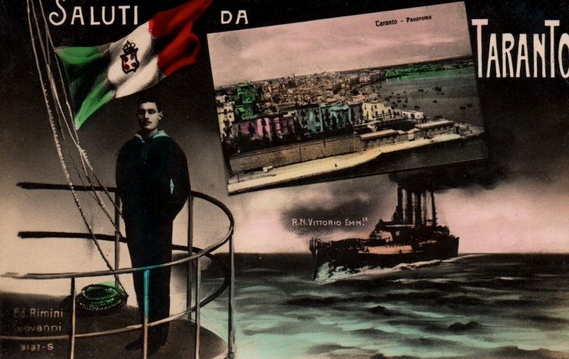 Postcard Italian Royal Navy Battleship Under Taranto Bridge Sailor Greeting Flag