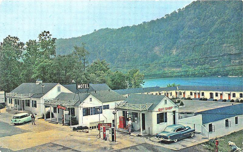 Gauley Bridge WV Gas Pumps Motel Old Cars Coca-Cola Machine Postcard