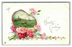 Vintage 1900's Greetings Postcard Pink Flowers Sailboats Ocean