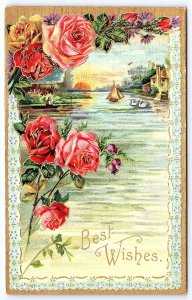 Vintage Postcard Best Wishes Greetings Card Pink Roses Flowers Sunset Lake Swans