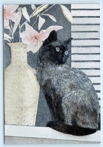 SIAMESE CAT? Vase & Lilies  ~  Dufex Foil 4x6 Modern FJ Warren Postcard