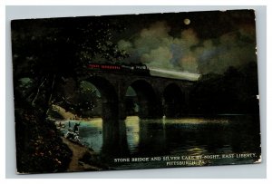 Vintage 1913 Postcard Stone Train on Bridge & Silver Lake Pittsburgh PA