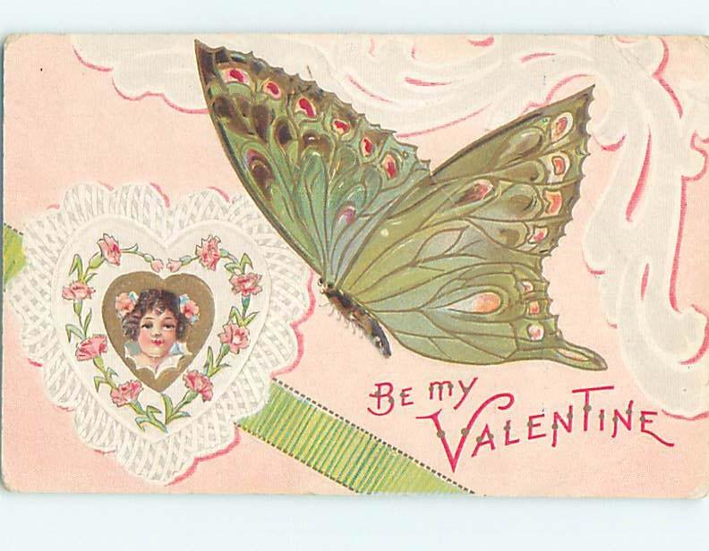 Pre-Linen Valentine BEAUTIFUL LARGE DETAILED GREEN BUTTERFLY WITH HEART HL6961