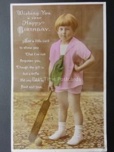 LITTLE BOY PLAYING WITH CRICKET BAT & BALL Birthday Greeting c1927 RP Postcard