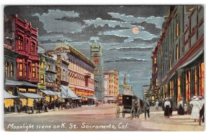 Moonlight Night Scene SACRAMENTO, CA Pantages Theater K. Street 1910s Postcard