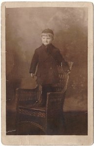 Little Boy Standing On Chair, Studio Portrait, Antique Real Photo Postcard, RPPC