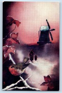 Postcard Leaf Bird Windmill Mother and Kid Walking c1910 Oilette Tuck Art