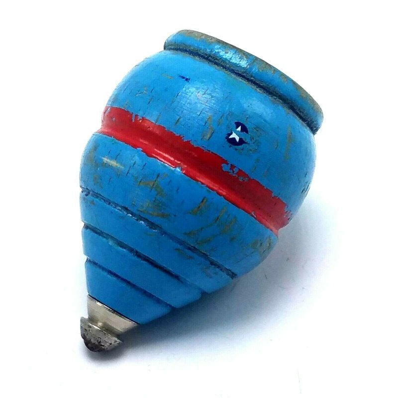 Vintage Wood Spinning Top Metal Tip Original Paint wood Blue w Red Stripe