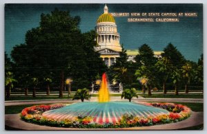 Sacramento California~West View Of State Capitol Bldg @ Night~Vtg Linen Postcard