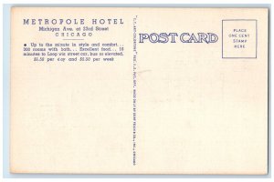 c1940 Metropole Hotel Michigan Ave. 23rd Street Lobby Chicago Illinois Postcard