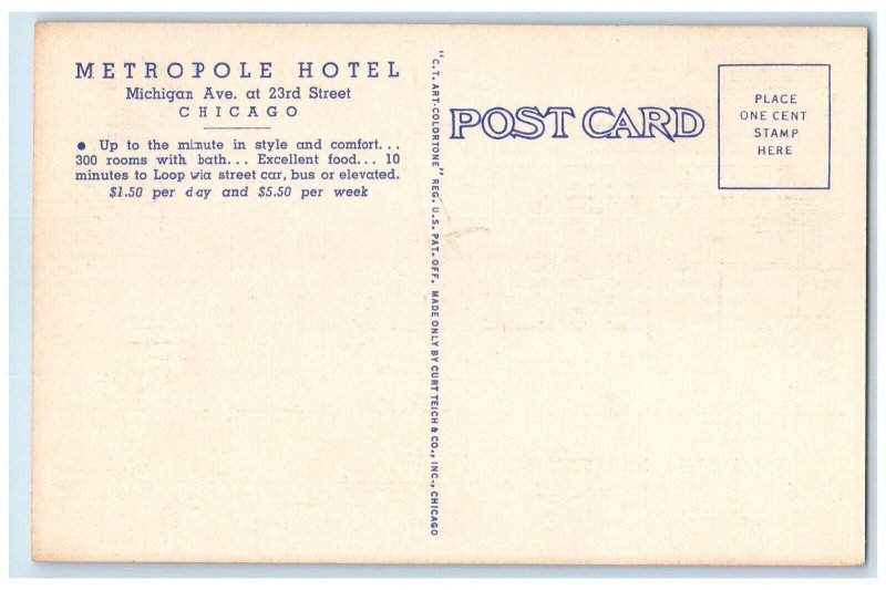 c1940 Metropole Hotel Michigan Ave. 23rd Street Lobby Chicago Illinois Postcard