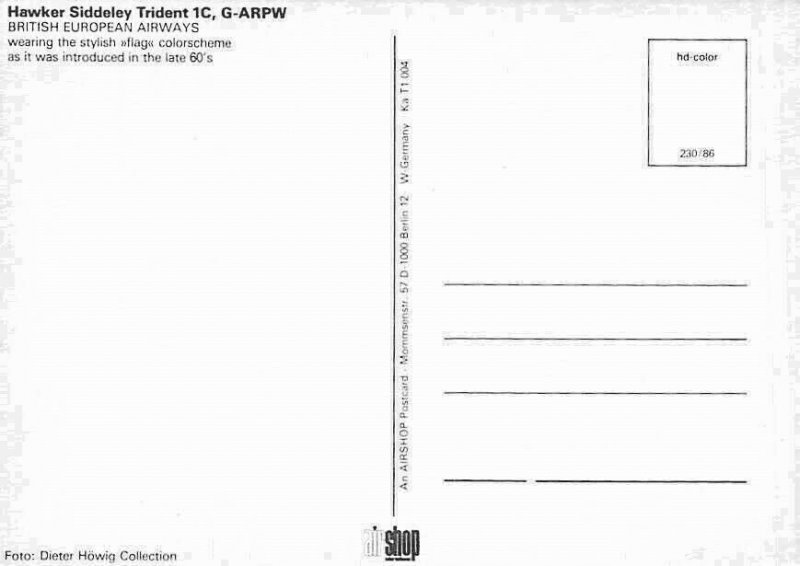 Airplane Postcard   British European  Hawker Siddelery Trident  1C,G-ARPW