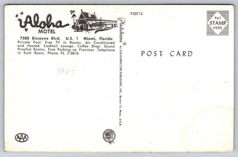 1964  Aloha Motel  Miami   Florida   Postcard