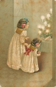 Winter seasonal greetings postcard Christmas fantasy adorable drawn girls c.1910