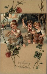 Christmas Children Flowers Clovers Gilt Embossed PFB c1900s-20s Postcard