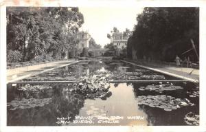 San Diego California~Balboa Park Lily Pond~Fancy Castle Style Bldg~1940s RPPC