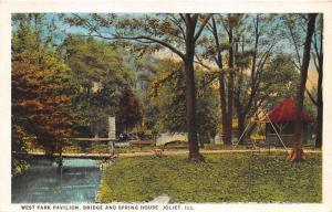 Joliet Illinois~West Park Pavilion & Log Bridge & Spring House~Swing~1920s Pc