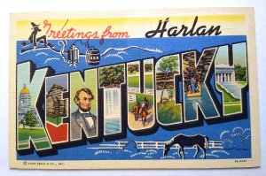 Greetings From Harlan Kentucky Postcard Large Letter Curt Teich Horse Lincoln