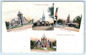 BEDFORD, IA ~ First Baptist, Presbyterian, Methodist, Christian CHURCH  Postcard