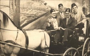 Shriners Studio Image Fez Hats Horse Wagon Prop c1940s Real Photo Postcard