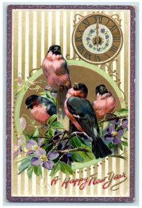 c1910's New Year Song Birds Purple Flowers Clock Embossed Tucks Antique Postcard