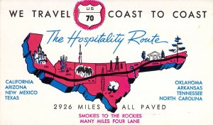 Coast to Coast on US 70, Highway Adv,Map, The Hospitality Route,  Old Postcard