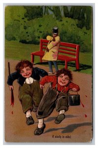 Comic Children Run From Playing Painted Bench Prank Embossed DB Postcard L19