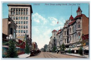 c1910 First Street From North Building Towers Railway Cars San Jose CA Postcard 